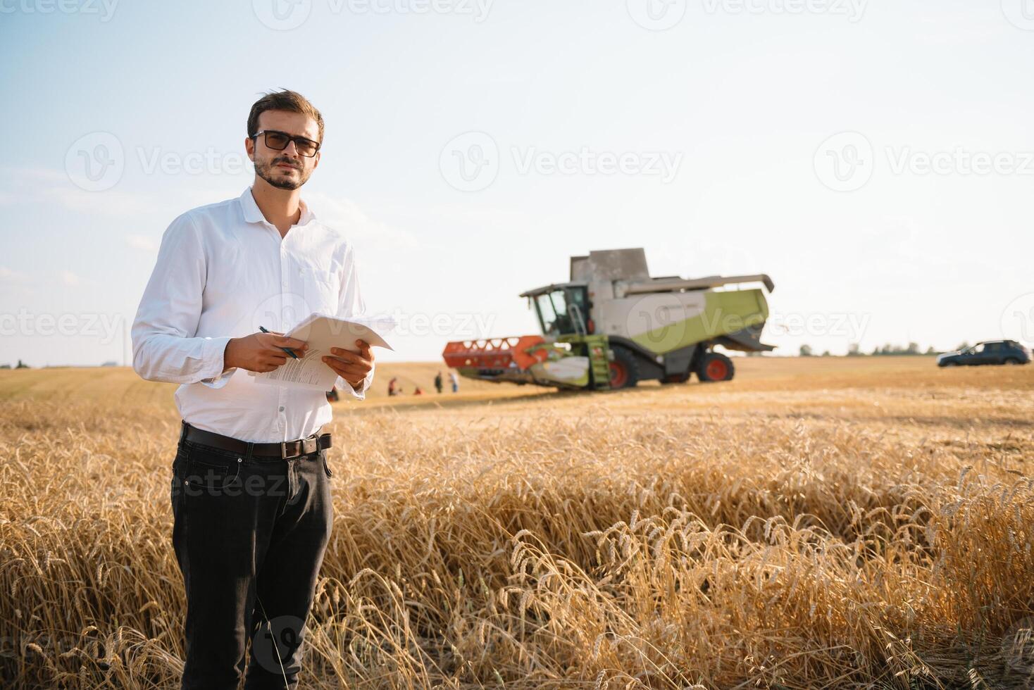 Happy farmer in the field checking corn plants during a sunny summer day, agriculture and food production concept. photo