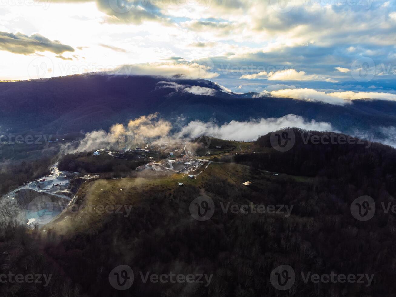 Drone shot of mountain village photo