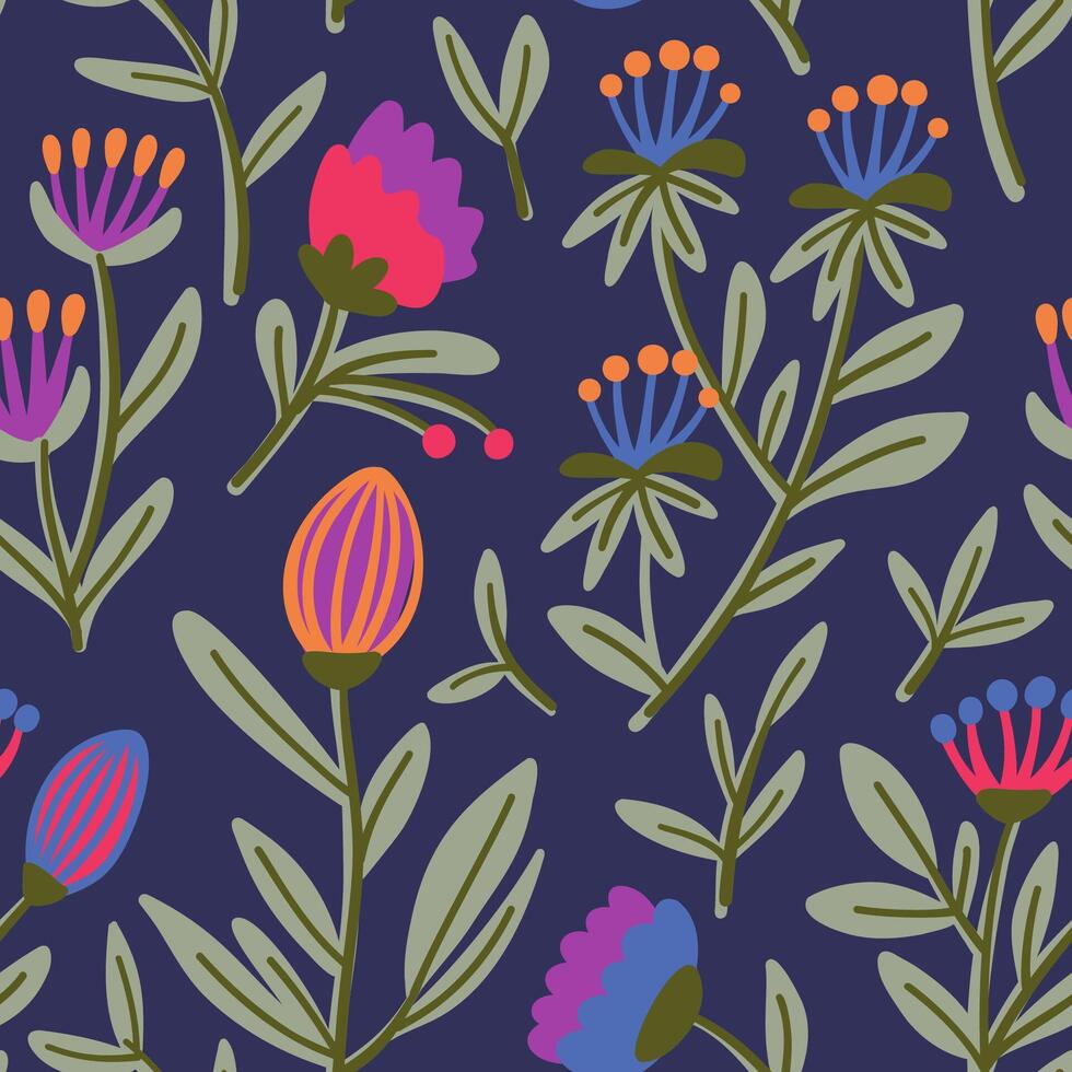 Folk Floral Fantasy Seamless Pattern with agapanthus and tulip vector