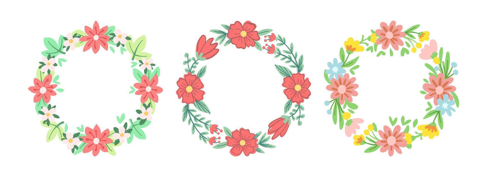 A collection of heart-shaped frames decorated with soft flowers and leaves of white background vector