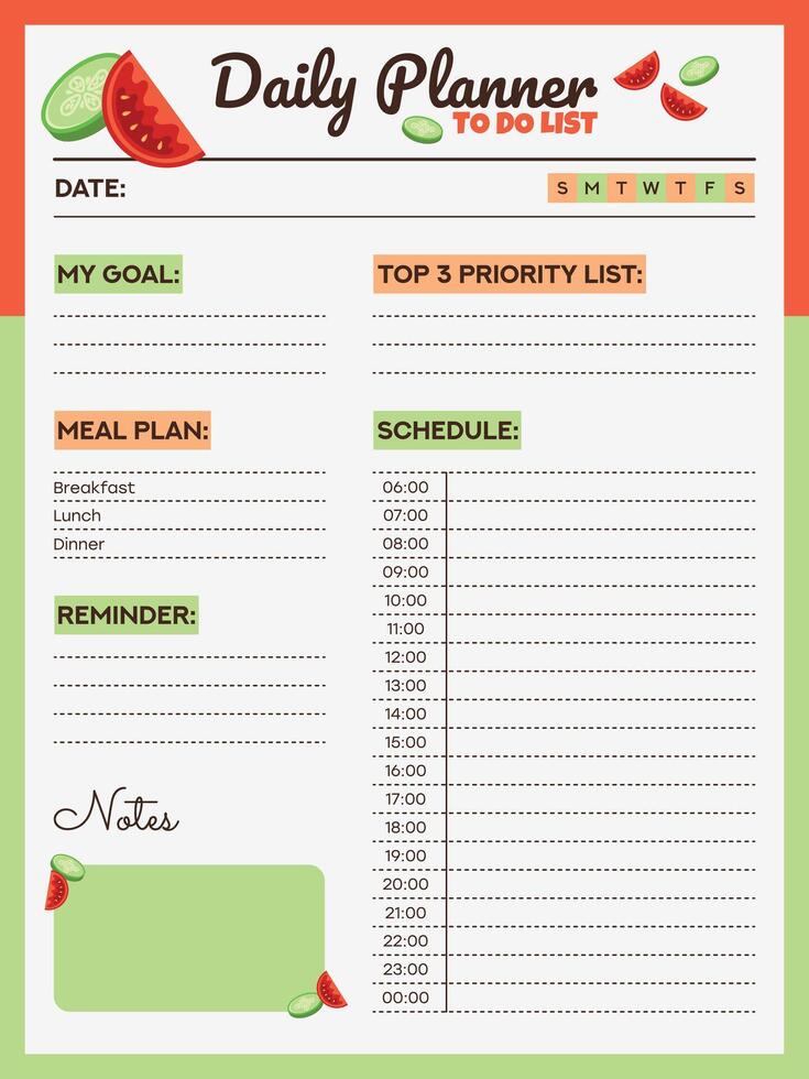 Daily Planner To Do List With Tomato And Cucumber vector