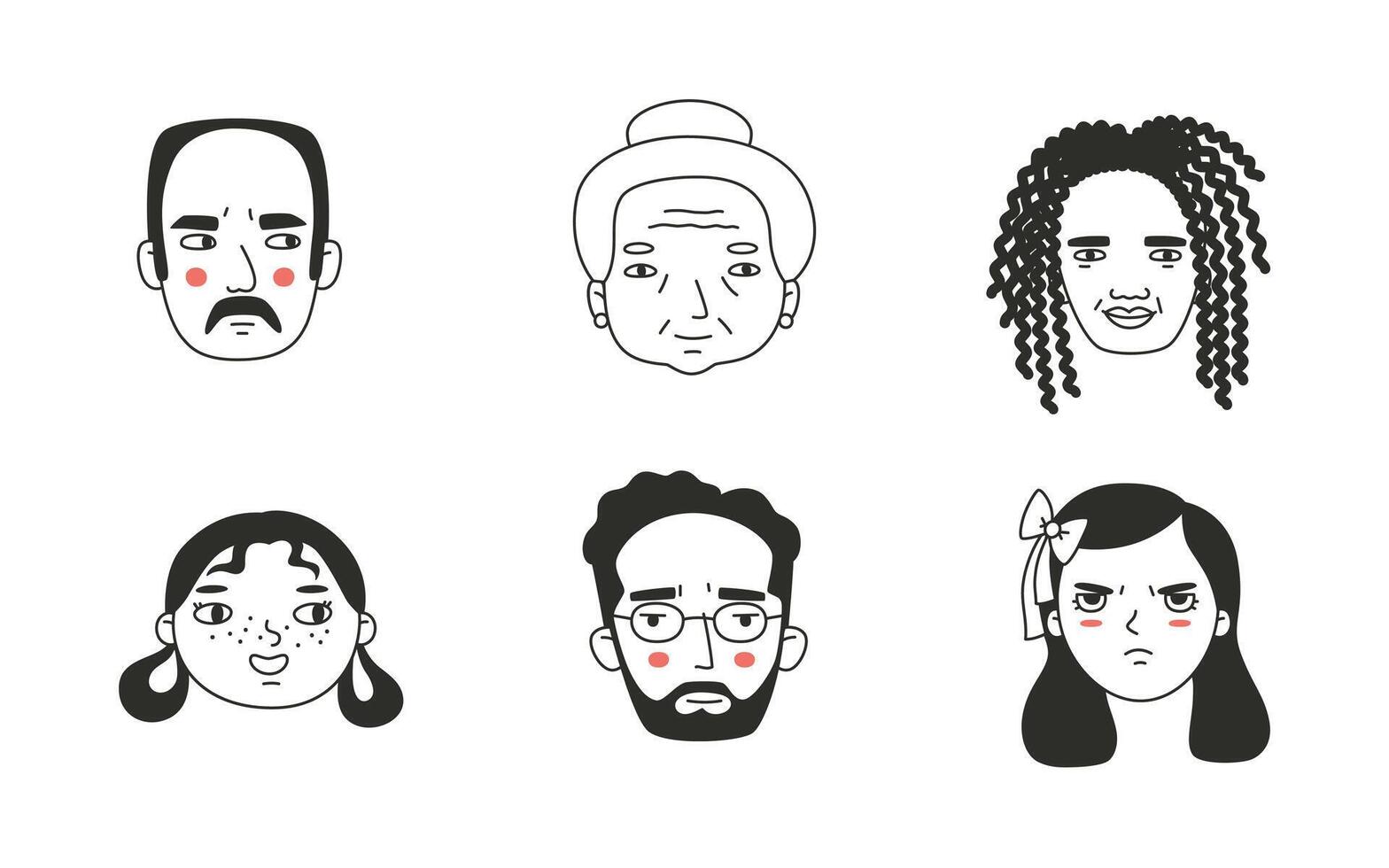 Set of different people s faces, human avatars collection. Different emotions, portrait with a positive facial expression. vector