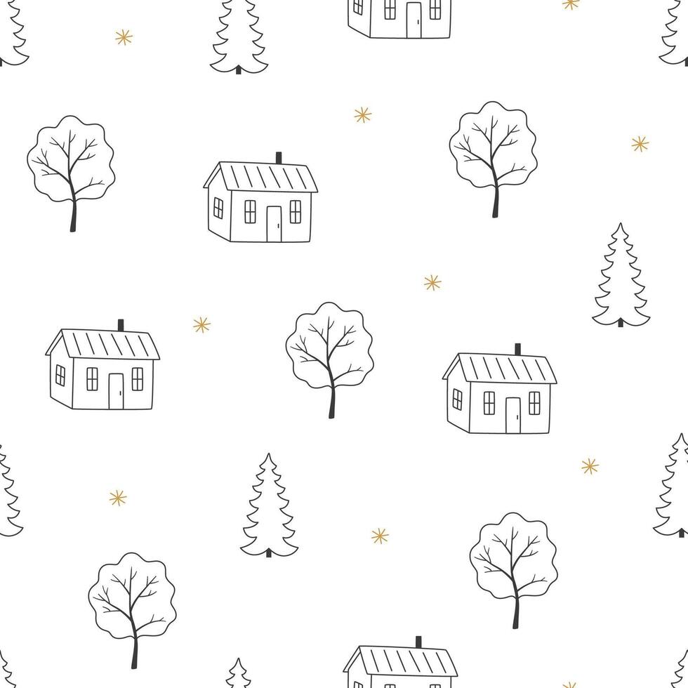 Seamless pattern with trees and houses, contour. Repeating background for winter and Christmas design, hand-drawn illustration in doodle style. vector