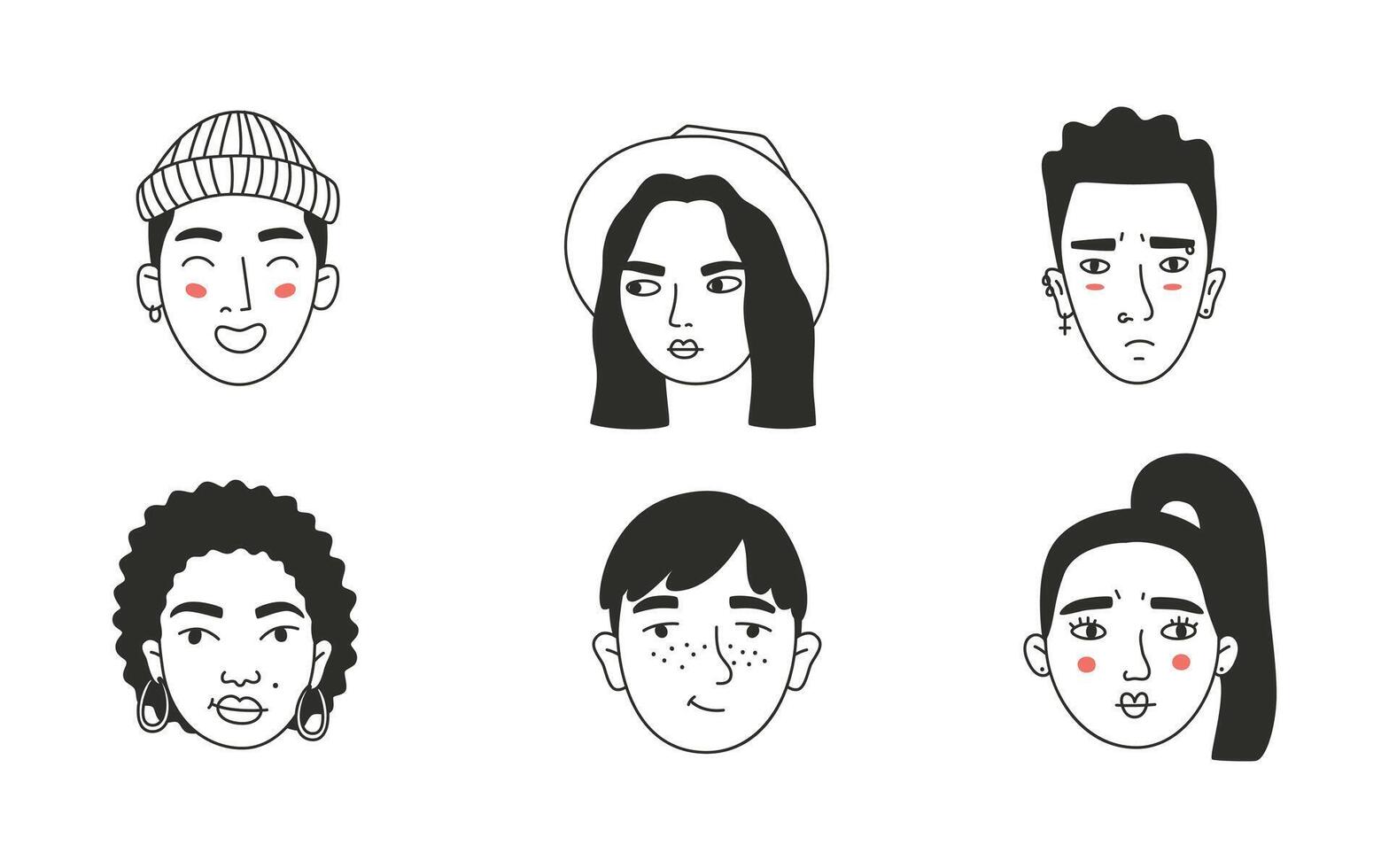 Set of different people's faces, human avatars collection. Different emotions, portrait with a positive facial expression. Hand-drawn illustration in doodle style. vector