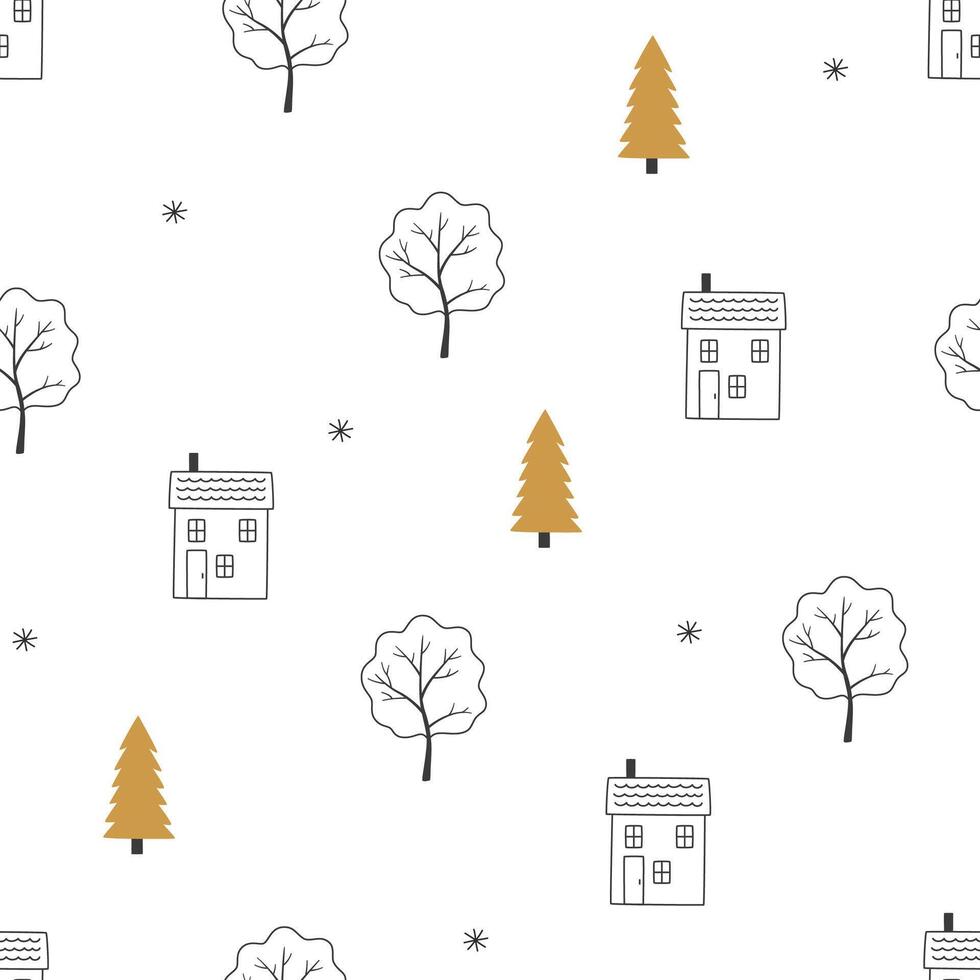 Seamless pattern with trees and houses, contour. Repeating background for winter and Christmas design, hand-drawn illustration in doodle style. vector