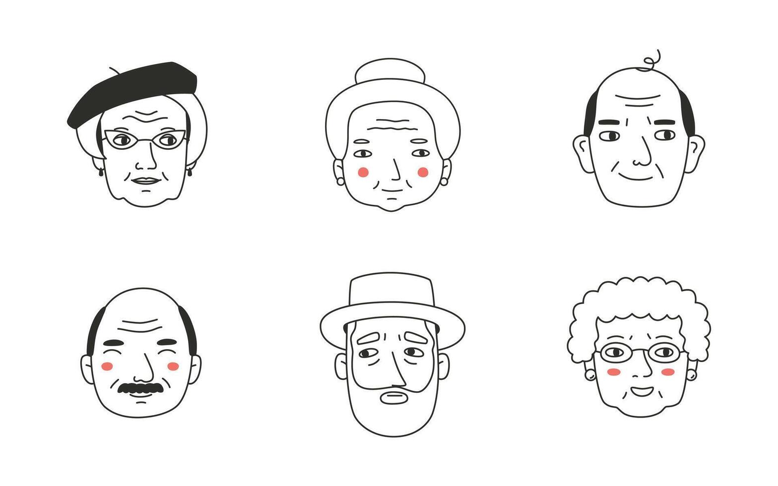 Set with the faces of the elderly. Avatars of grandparents with different emotions. Hand-drawn illustration in doodle style. vector