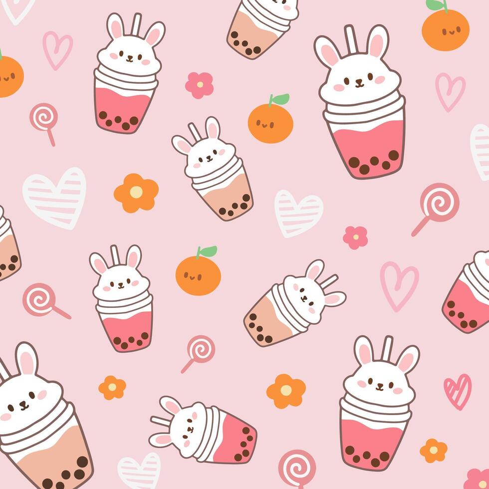 Pattern with bunny rabbit bubble milk tea cups , orange , heart and lollipop candy on pink background vector