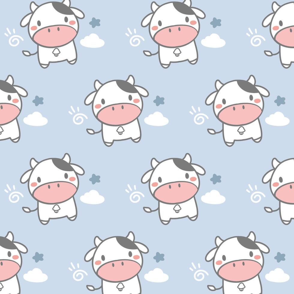 Cute cow with cloud on blue background vector