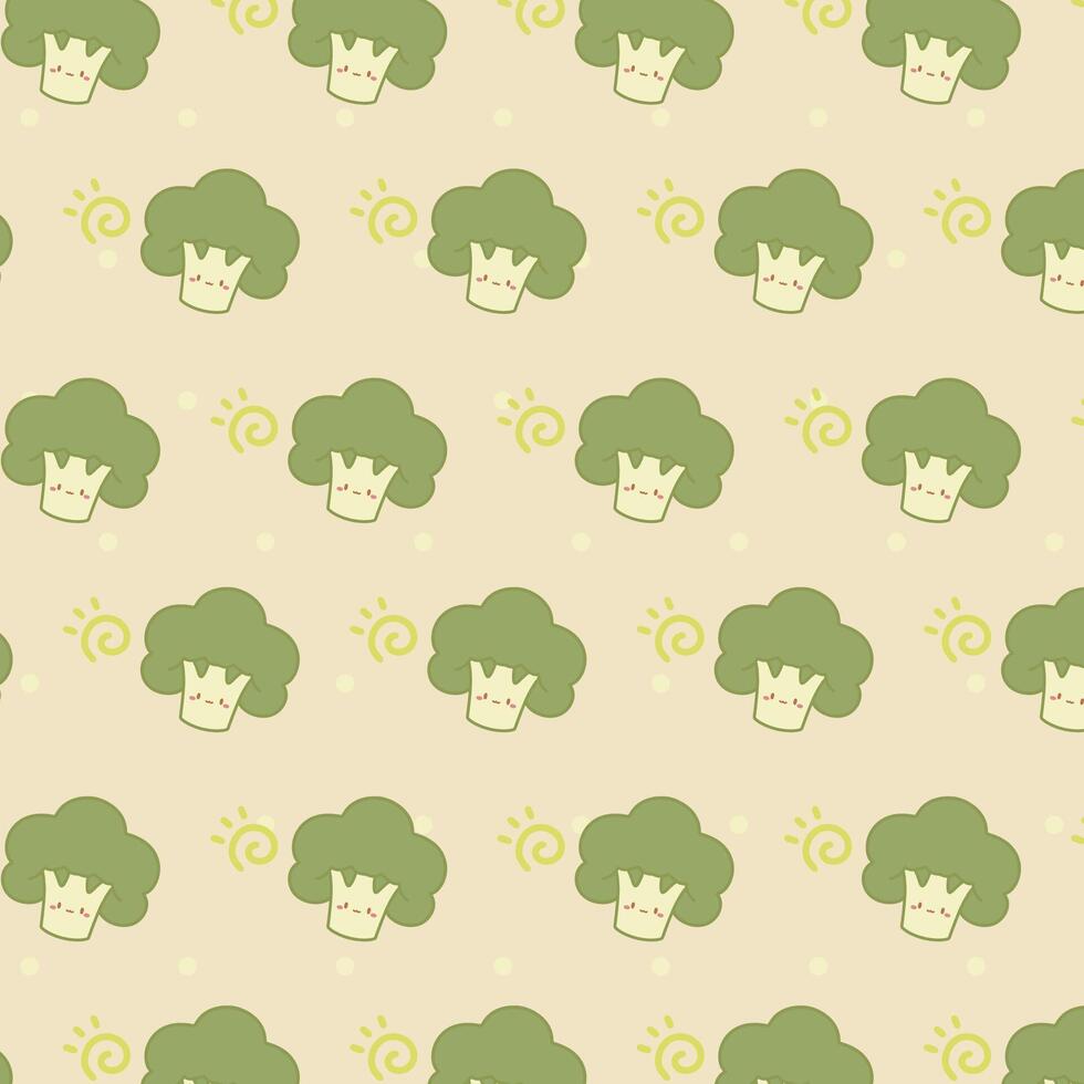 Cute broccoli vegetables seamless pattern on green background. Pattern of cute kawaii broccoli. vector