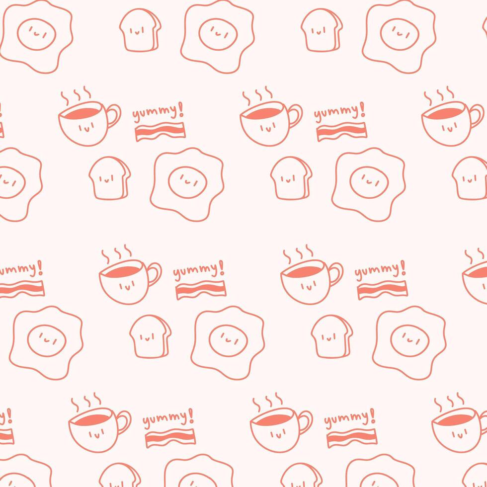 Cute pattern with breakfast food, fried eggs, bacon, bread, coffee.Hand drawn illustration in doodle style. vector