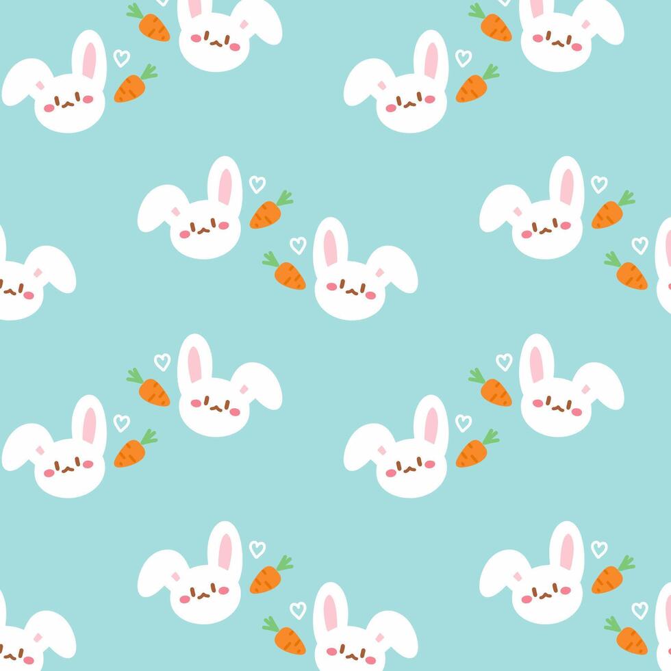 Pattern with bunny rabbit cartoon and carrots on blue background. vector