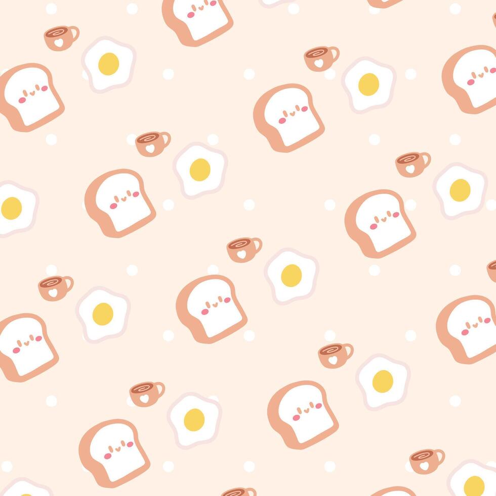 Cute pattern with breakfast food, fried eggs, bread and coffee.Hand drawn illustration in doodle style. vector