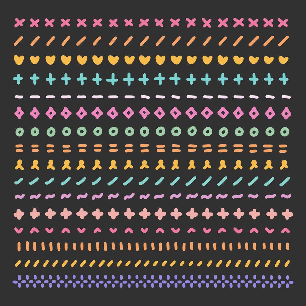 Cute, abstract, colorful decor doodle border graphic set.Set Of Colorful Doodle Borders. vector