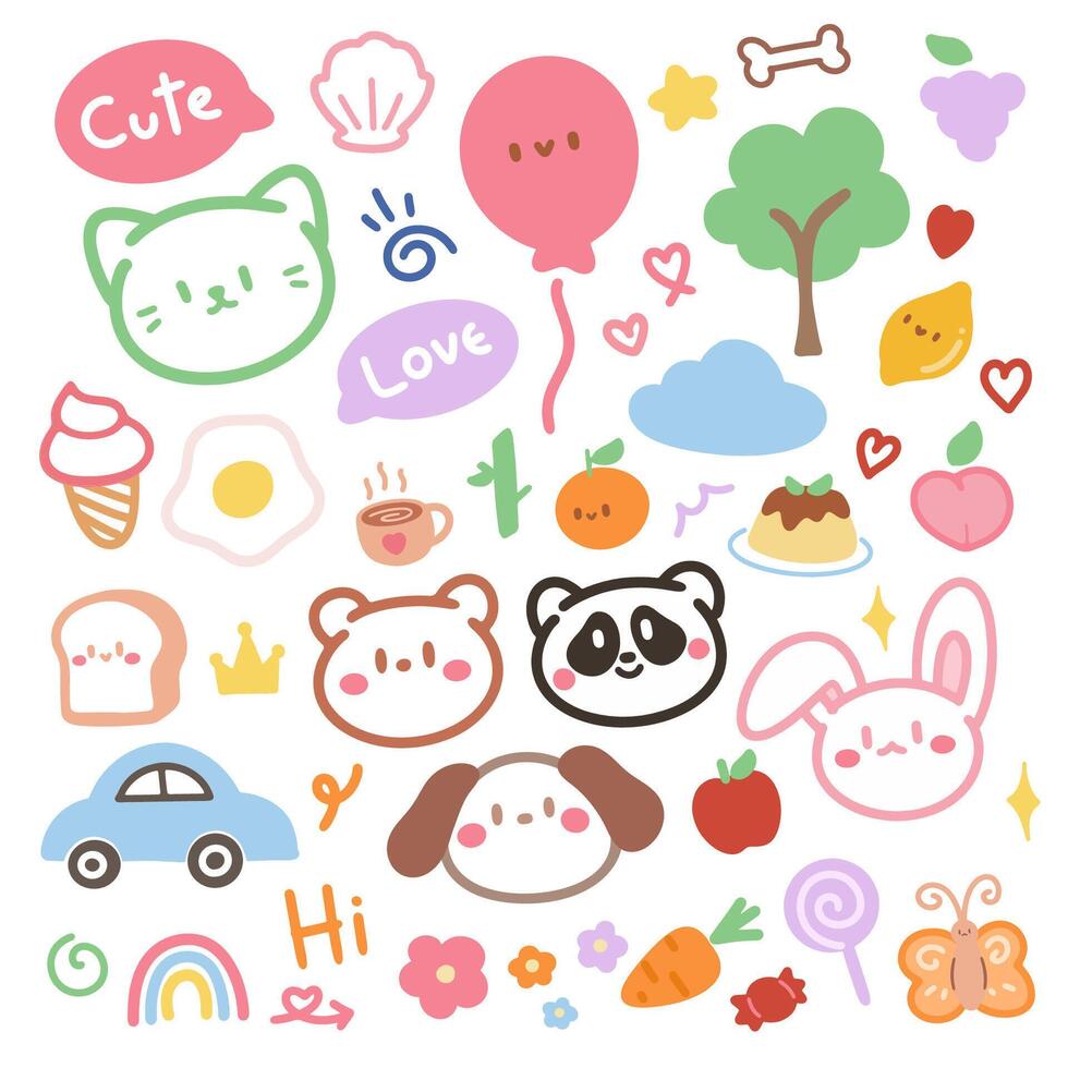 Cute doodle hand drawn kids set. Colorful element of cat, panda, bear, bunny, dog and flowers. vector