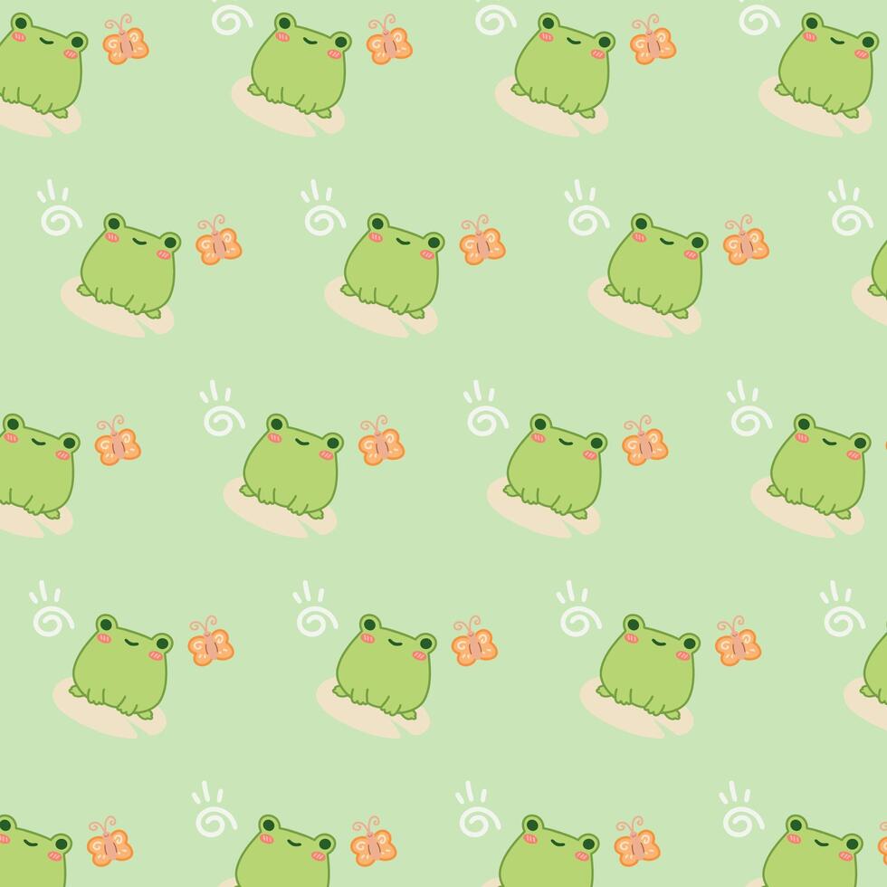 Kawaii cute pattern with frog and butterfly on green background vector