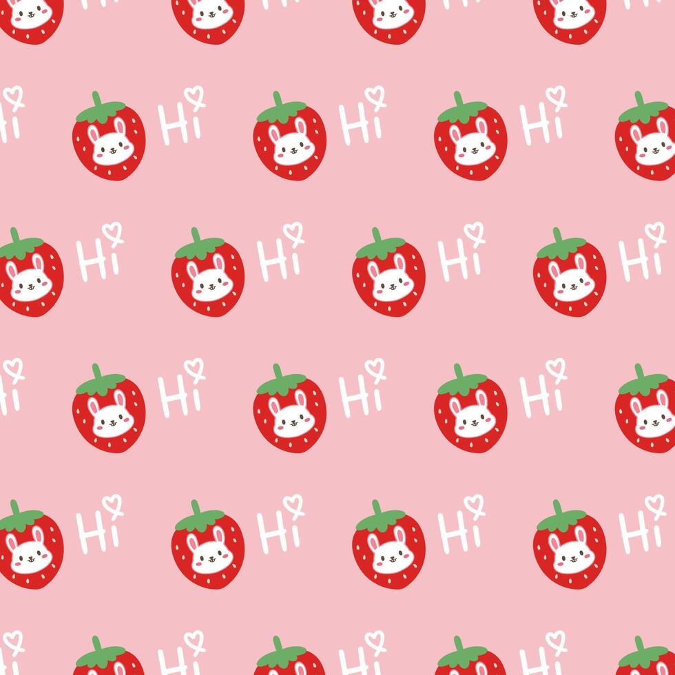 Pattern with bunny rabbit cartoons strawberry on pink background vector