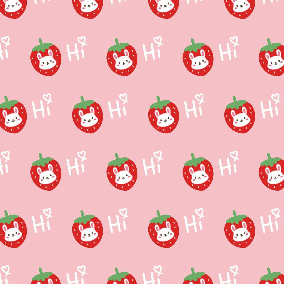 Pattern with bunny rabbit cartoons strawberry on pink background vector