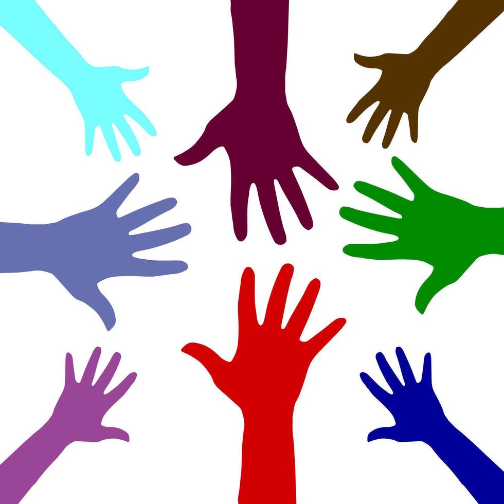 colorful hands up. unity hands cartoon. vector