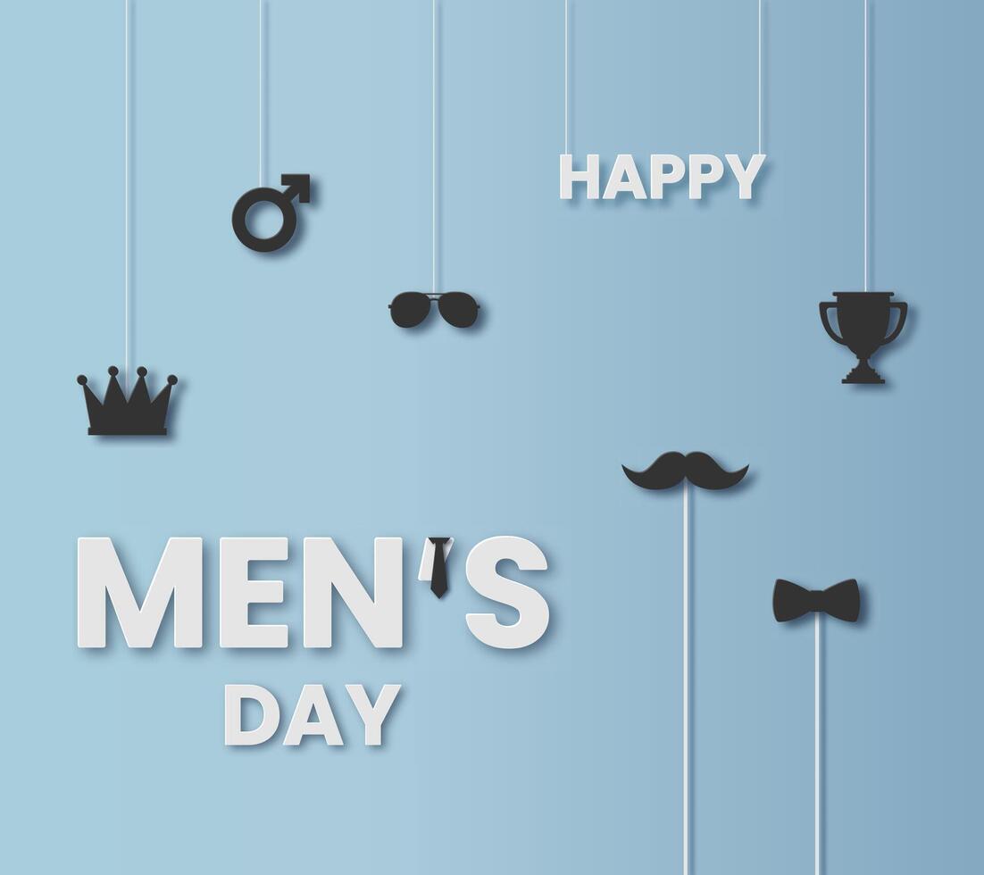 International Mens Day illustration in paper cut style. For a poster or banner and greeting card. Illustration with icons and blue background vector