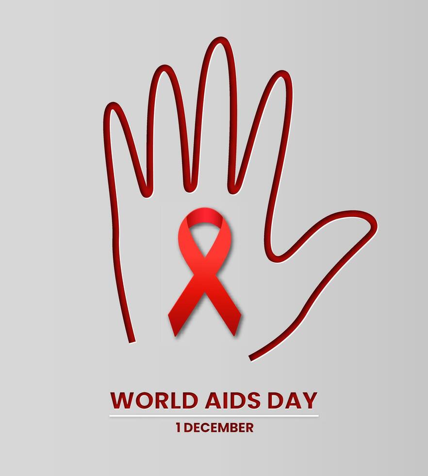 World Aids Day concept. 1 December. Red ribbon ands hand on light background. Modern design in paper cut style vector