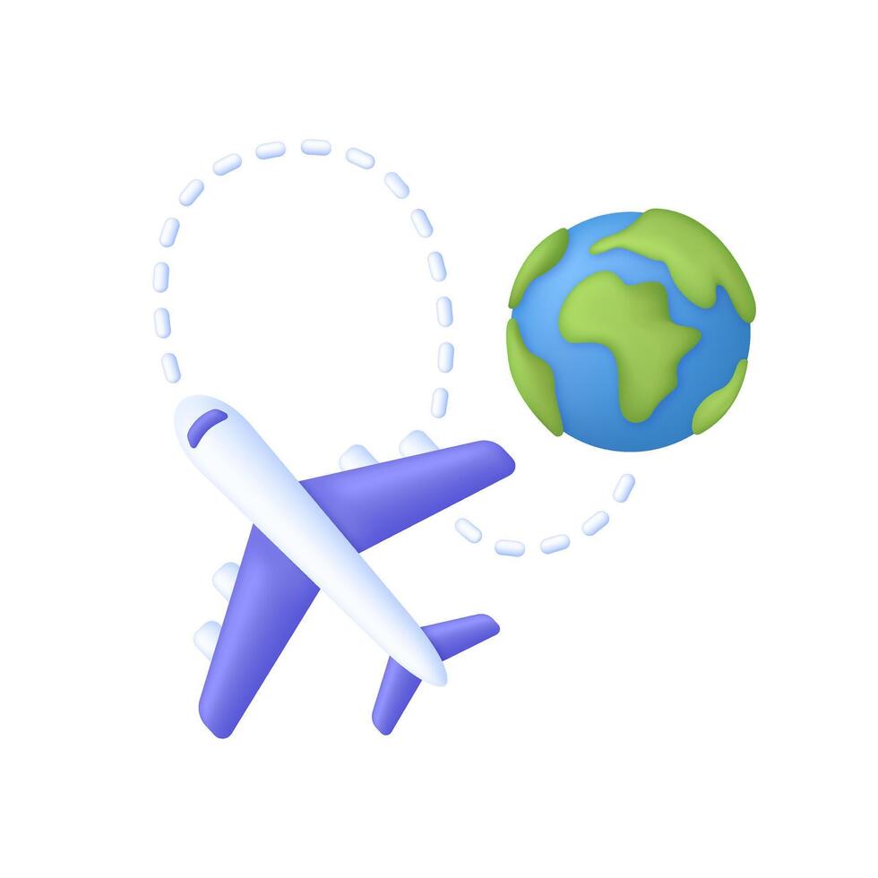 3D Plane flying over the world illustration. Travel around the world vector