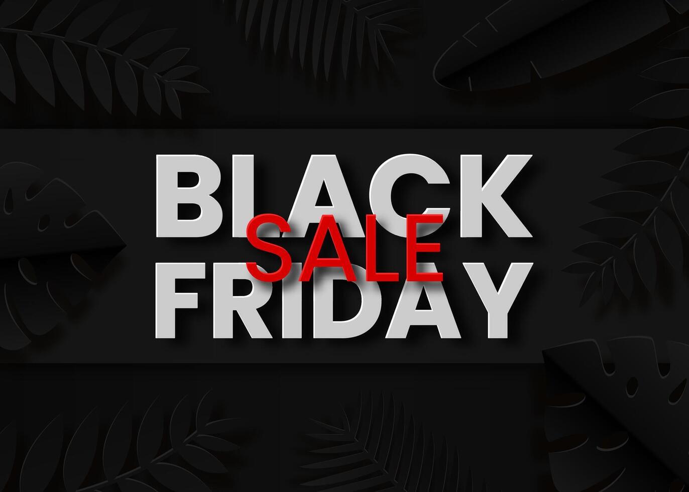 Black Friday Sale illustration in paper cut style with tropic leaves and black background vector