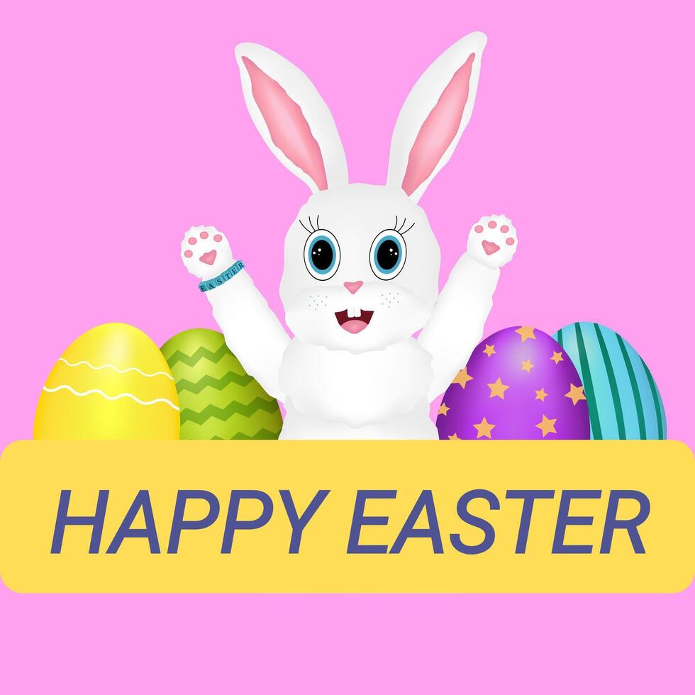 A smiling hare pulls his paws up in a sign of greeting. Decorated Easter eggs. Pink background. Color drawing vector