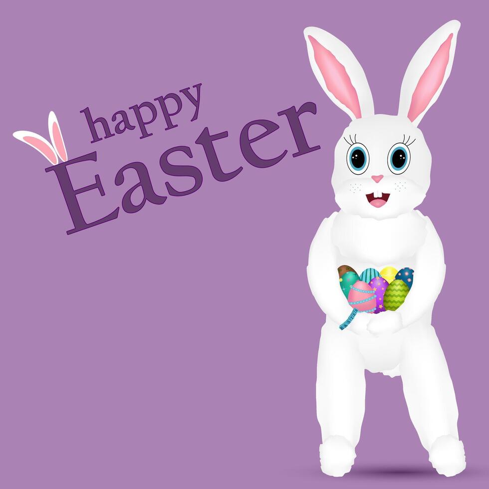 White hare smiling and holding decorated multicolored Easter eggs in his paws. Purple background. Happy Easter inscription. Color drawing vector