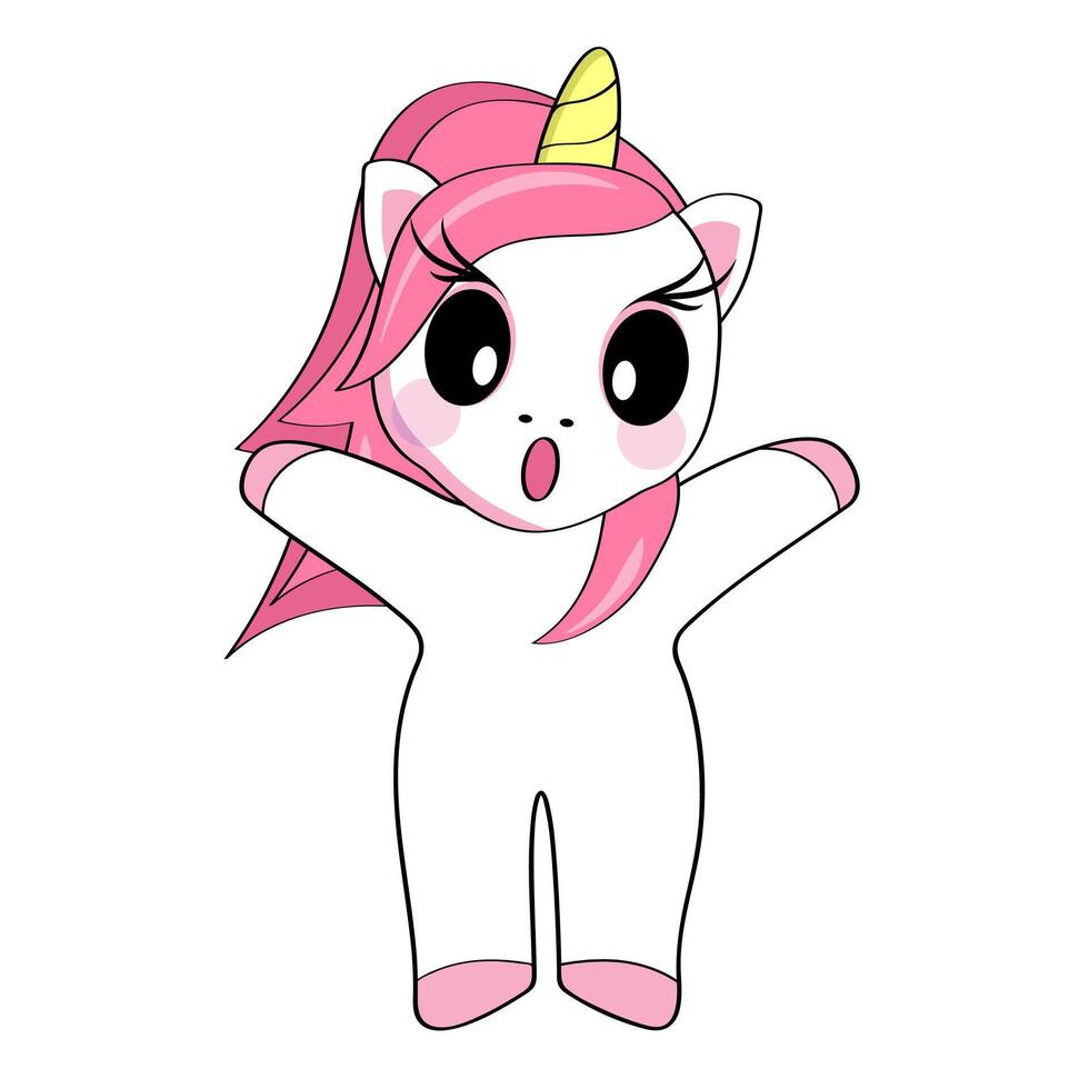 Cute surprised cartoon unicorn stands with his arms raised. Sticker. vector