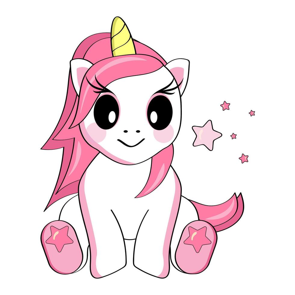 Funny cartoon unicorn sitting on a white background. Sticker, postcard. vector