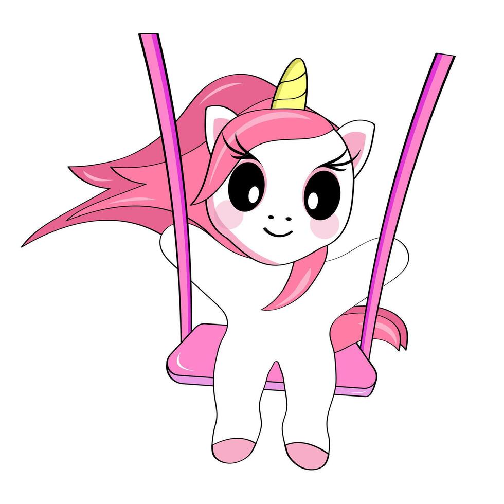 A cute smiling cartoon unicorn swings on a swing. Sticker. vector