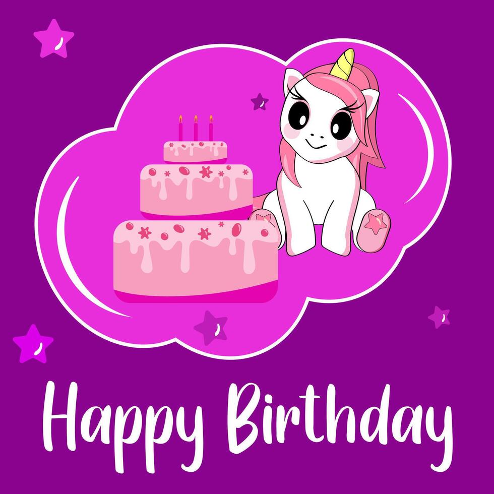 Cute cartoon unicorn sitting with a big cake. Bright ready-made birthday card. vector