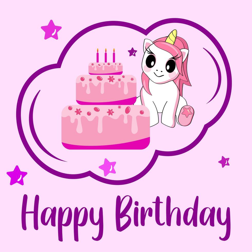 linda dibujos animados unicornio sentado con un grande pastel. Listo cumpleaños tarjeta. vector