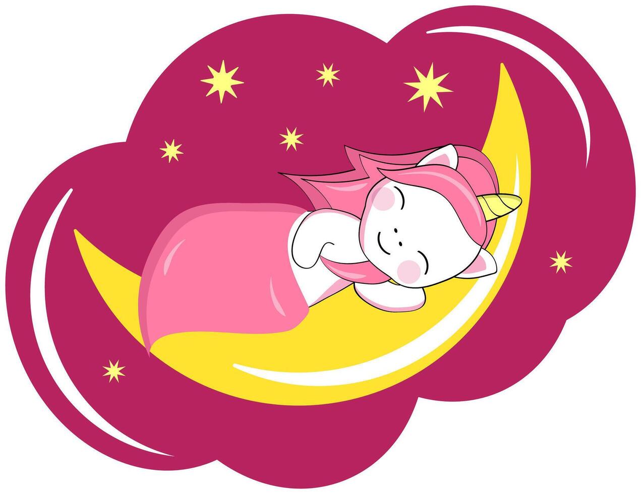 Cute cartoon unicorn sleeps under a blanket on the moon. Sticker, postcard. vector
