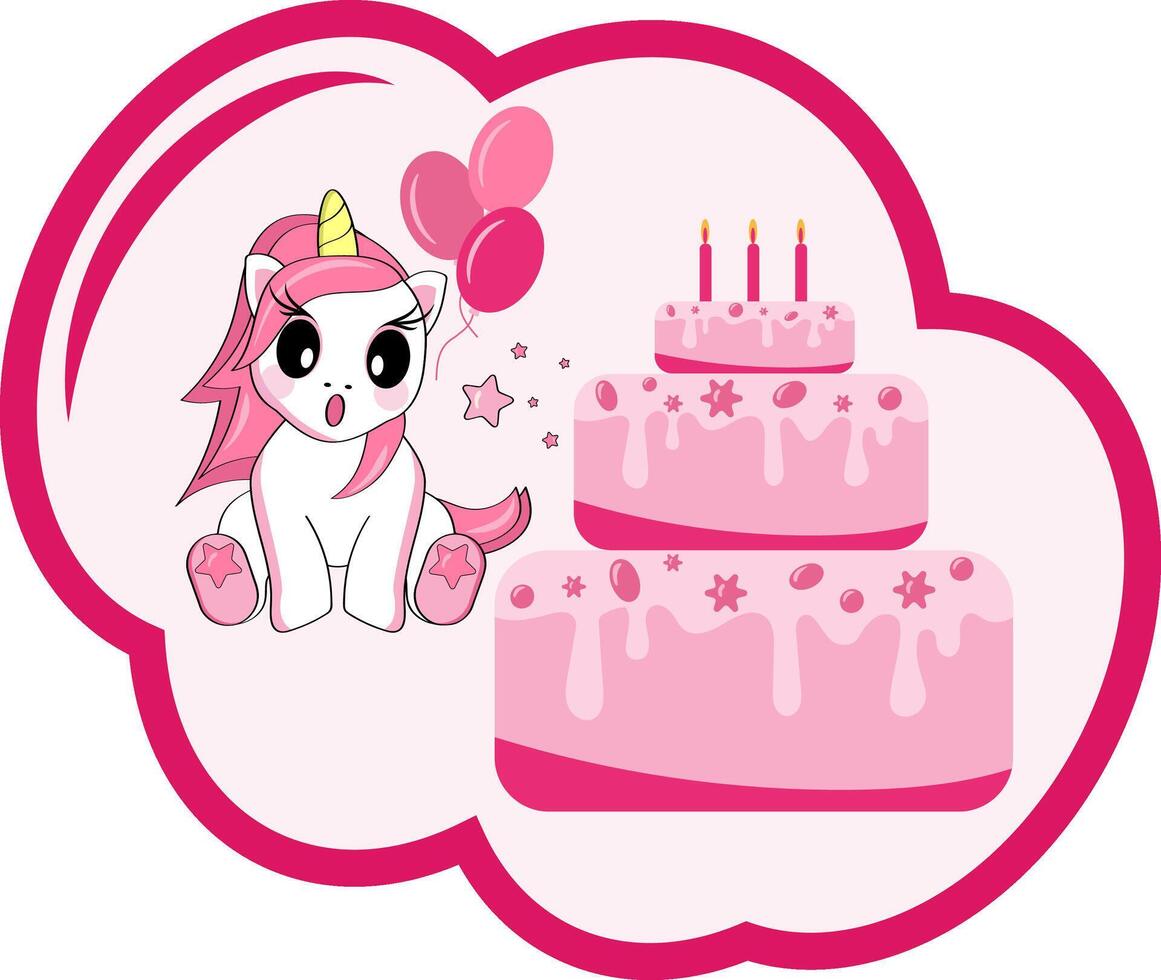 Cute surprised cartoon unicorn sitting with a big cake. Holiday sticker. vector