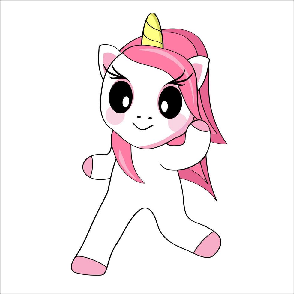 Cute smiling cartoon unicorn running and waving. Sticker, postcard. vector