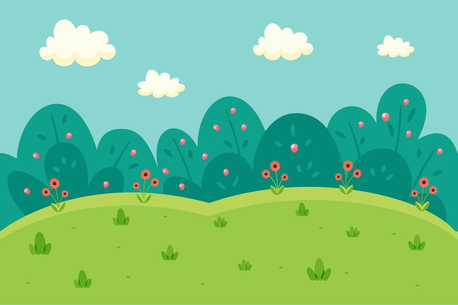 Forest background with green lawn. Grass, bushes, flowers. Illustration for design. vector