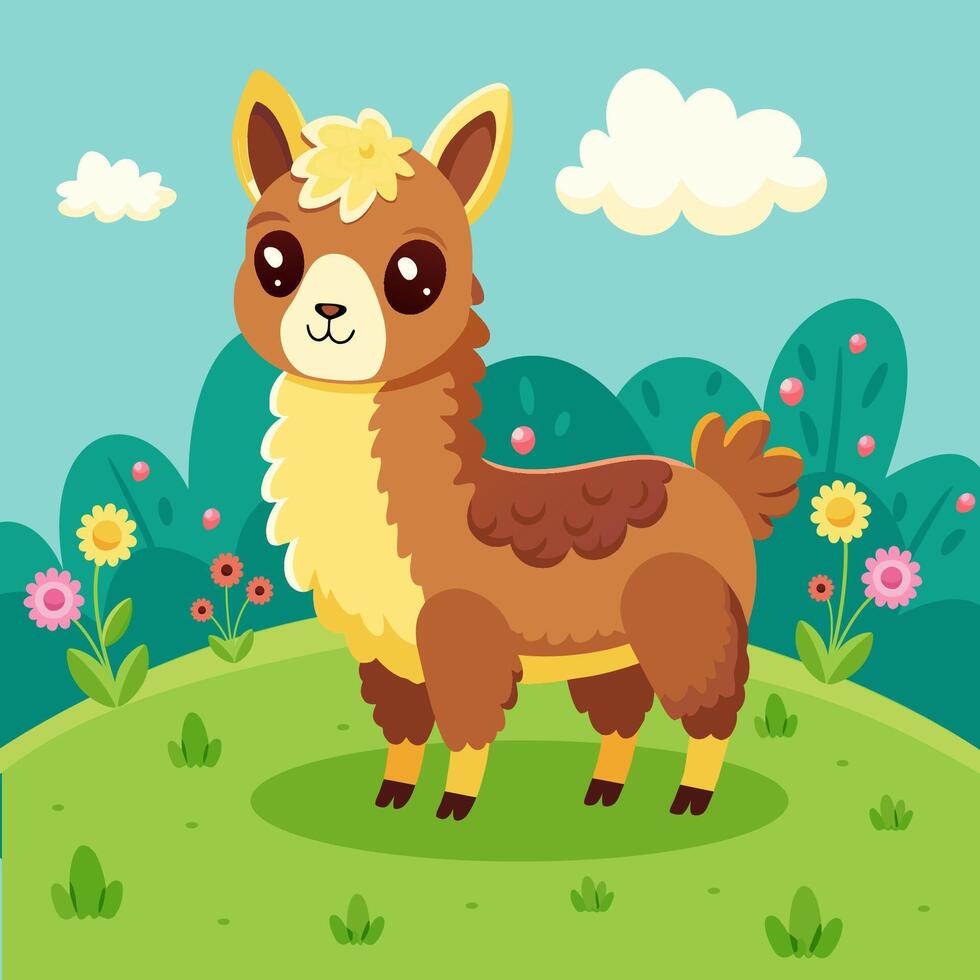 A cute llama stands on a green lawn. vector