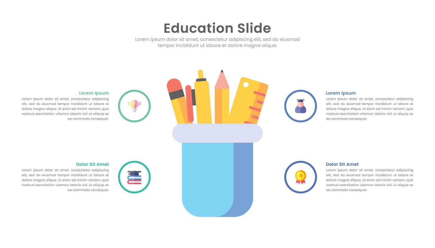 Education slide infographic template with 4 point stage and icons for presentation. vector