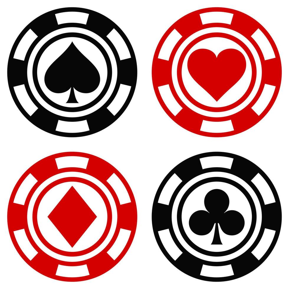 Black and Red Casino Chips with Card Suits icon illustration set vector