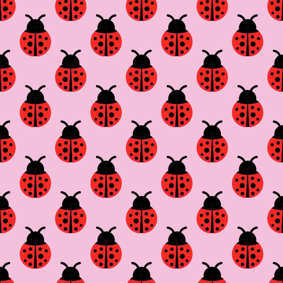 Flat Ladybug Seamless Pattern on Pink background illustration vector