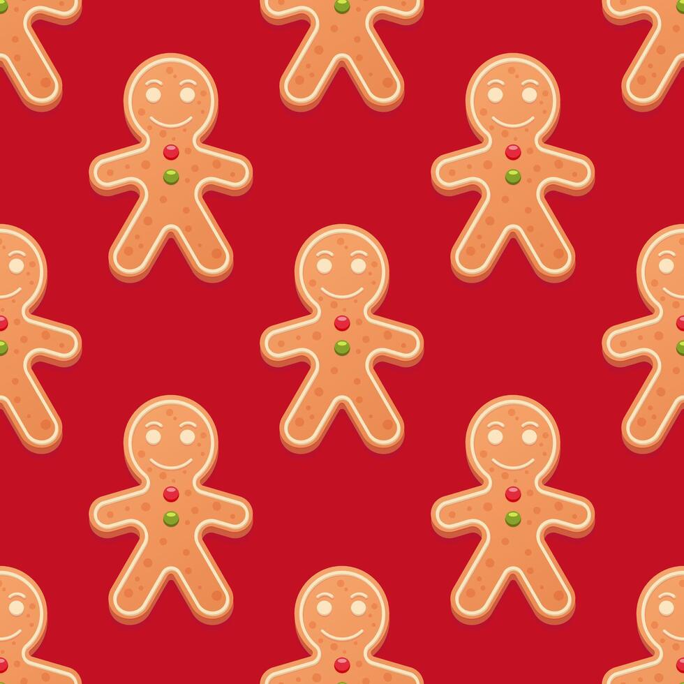 Cute Cartoon Christmas Gingerbread Cookies on red background Seamless Pattern illustration vector