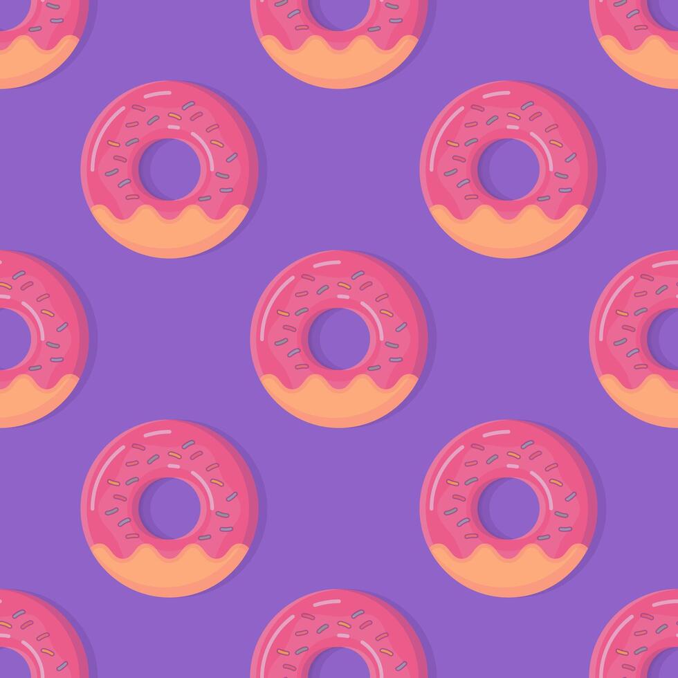 Donuts on violet background. Cute, Colorful and Glossy donuts with Pink Glaze and Multicolored Powder. Seamless Pattern illustration vector