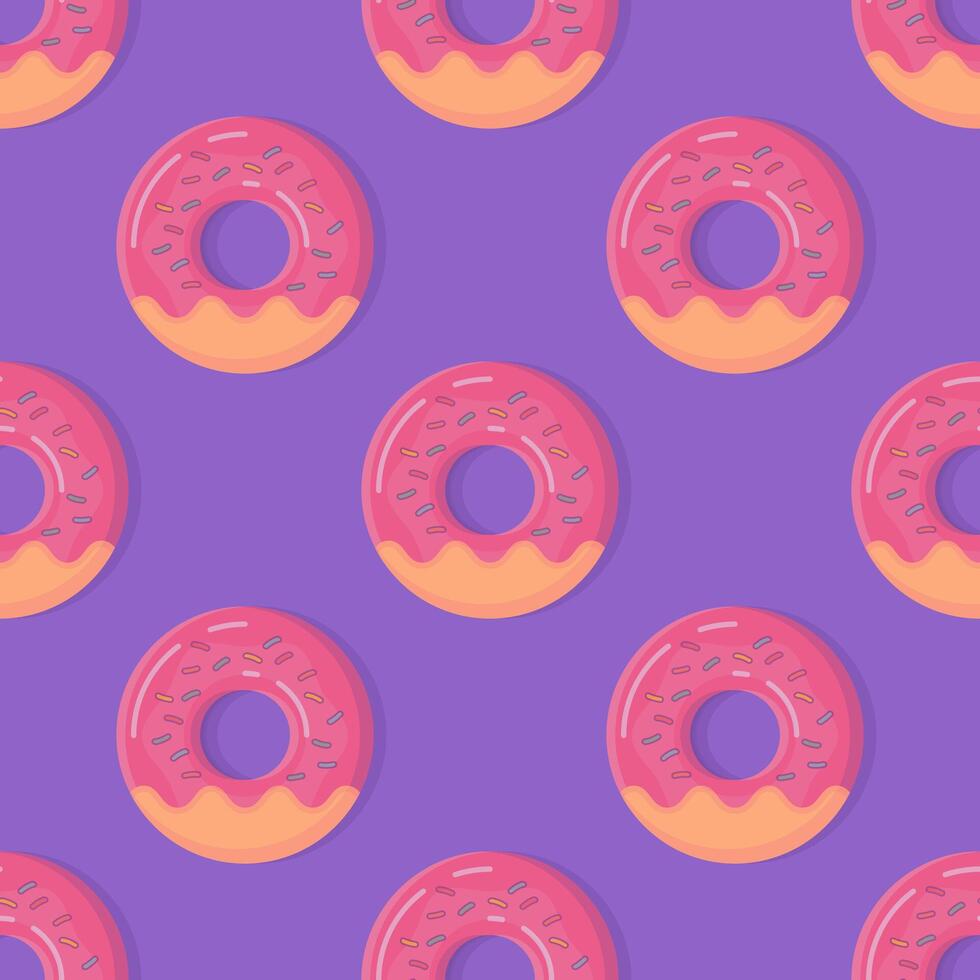 Donuts on violet background. Cute, Colorful and Glossy donuts with Pink Glaze and Multicolored Powder. Seamless Pattern illustration vector