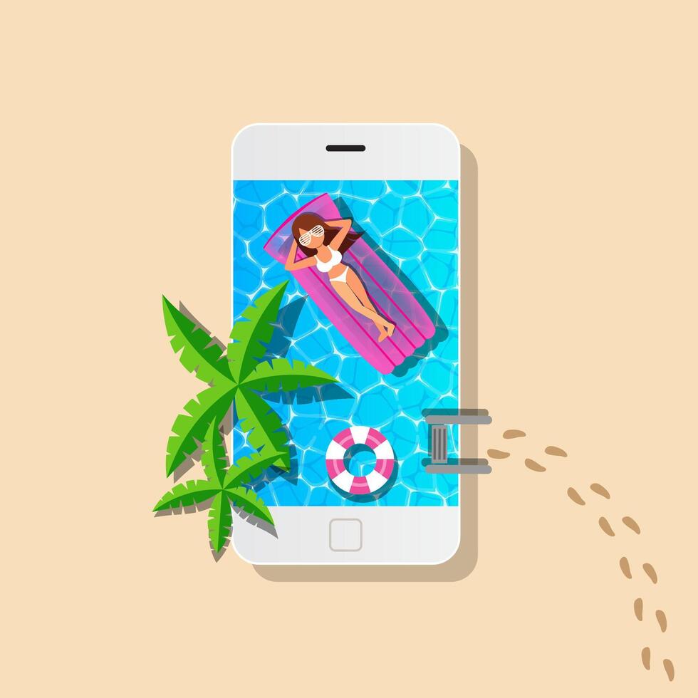 Mobile and swimming pool with woman relaxing vector