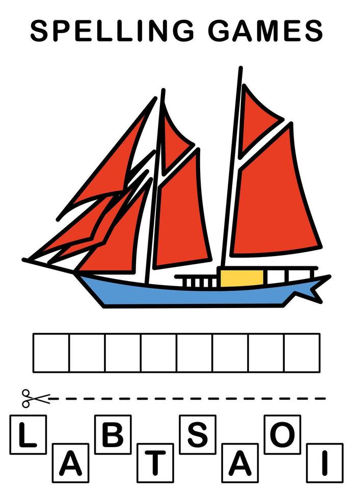 deletrear el palabra. ilustración de velero. ortografía juego para niños. educación hoja de cálculo imprimible a4 Talla vector