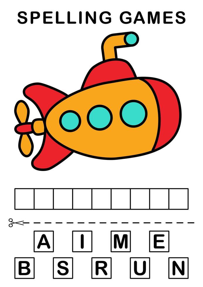 Spell the word. illustration of submarine. Spelling game for kids. Education worksheet Printable A4 size vector