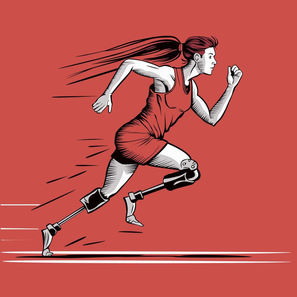 Parasports, a woman with prosthetic legs runs in the Olympics. The concept of sport and recreation. vector