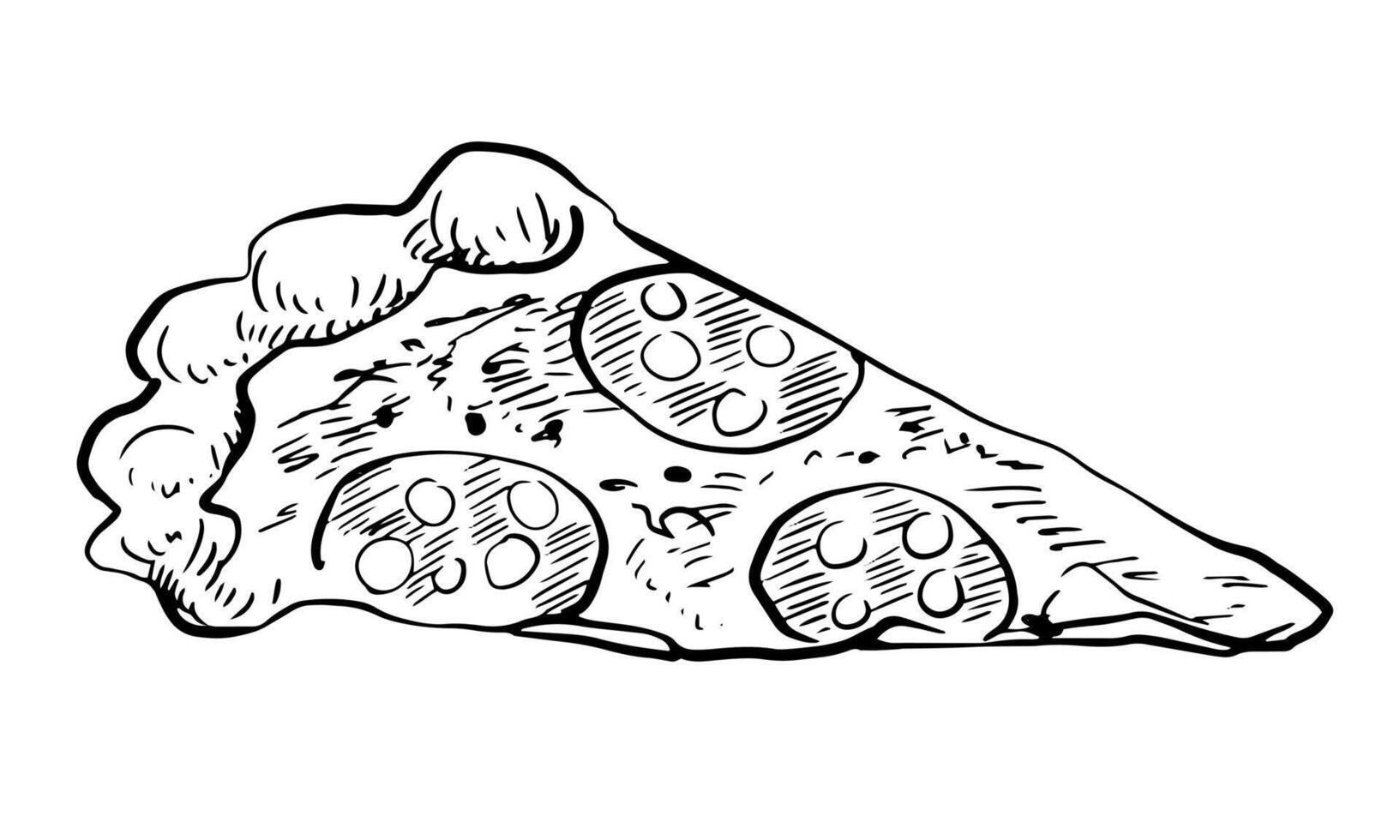 negro y blanco rebanada de Pizza aislado en blanco antecedentes. rápido alimento. bosquejo estilo salami Pizza. dibujo de italiano comida con eclosión. italiano cocina vector