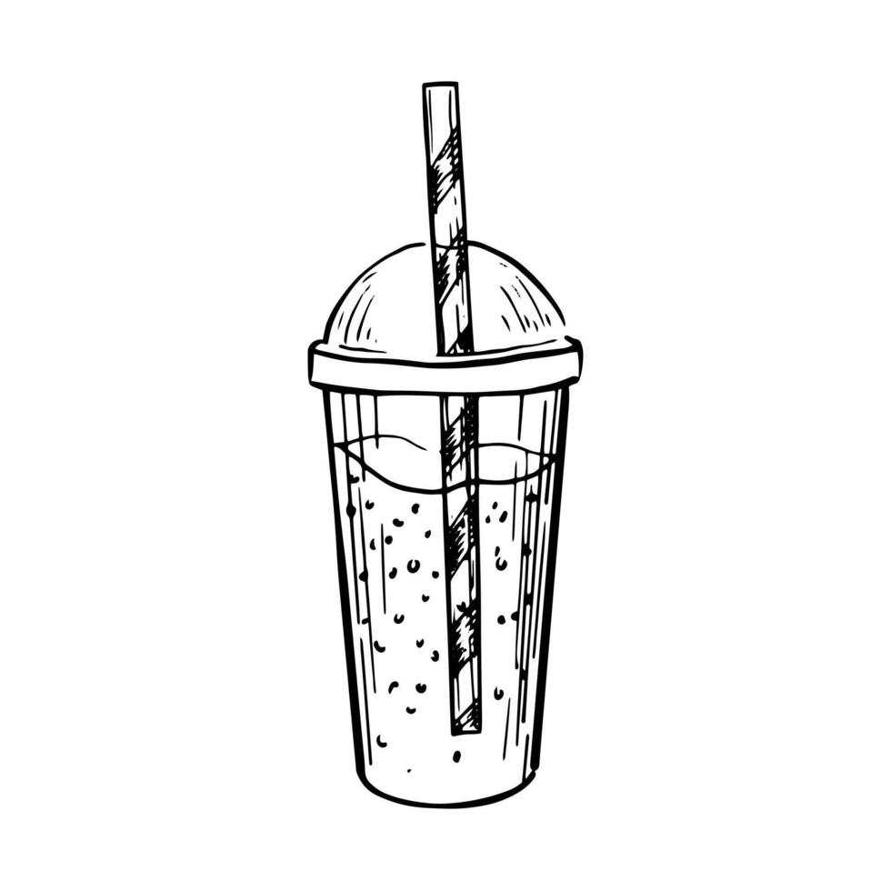 Black and white cold summer drink in white background. Plastic cup of soda with straw. Summer beverage. Sketch style drawing vector